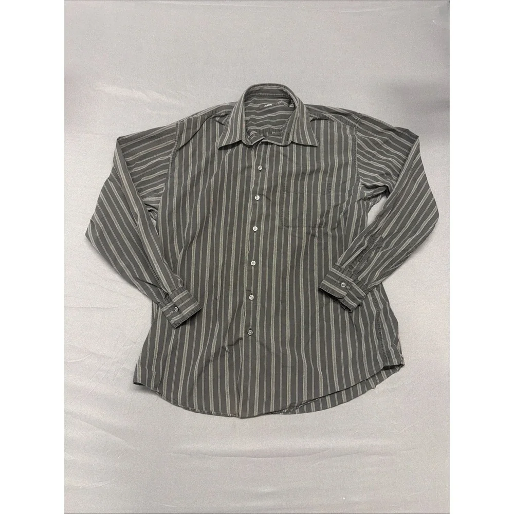 Alfani brand shirt features a grey and white striped pattern and long sleeves L